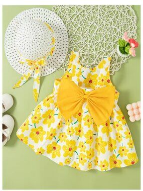 Spring & Summer Dress White with Yellow Flowers Big Yellow Bow & Matching Hat